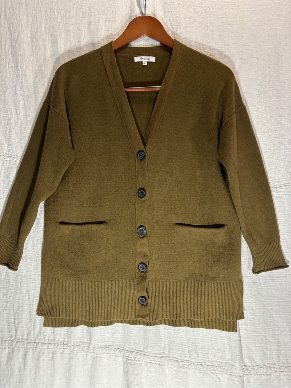 Madewell Olive Green V-Neck Button Cardigan Cotton Blend